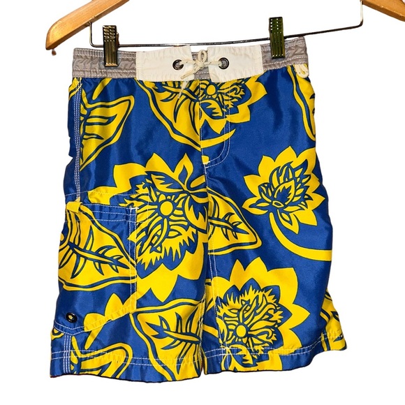 Mini Boden boys Hawaiian tropical blue yellow swim shorts trunks size 4/5 kids - Picture 1 of 3